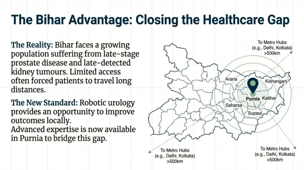 Robotic surgery has transformed the field of modern urology by making complex procedures safer, more precise, and significantly less invasive. In recent years, robotic urology has become a preferred option for treating kidney tumors, prostate enlargement, prostate cancer, and other advanced urinary tract disorders. In Bihar, where urological diseases are often diagnosed late due to limited awareness and access, advanced robotic care is becoming increasingly important. Specialists like Dr. Zaheen Khan, Urologist and Robotic Surgeon, are bringing world-class robotic urology techniques to patients in Purnia and surrounding districts. Robotic urology offers multiple benefits over traditional open surgery, especially for kidney and prostate diseases.