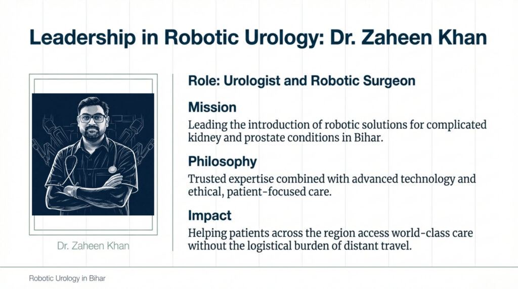 Robotic surgery has transformed the field of modern urology by making complex procedures safer, more precise, and significantly less invasive. In recent years, robotic urology has become a preferred option for treating kidney tumors, prostate enlargement, prostate cancer, and other advanced urinary tract disorders. In Bihar, where urological diseases are often diagnosed late due to limited awareness and access, advanced robotic care is becoming increasingly important. Specialists like Dr. Zaheen Khan, Urologist and Robotic Surgeon, are bringing world-class robotic urology techniques to patients in Purnia and surrounding districts. Robotic urology offers multiple benefits over traditional open surgery, especially for kidney and prostate diseases.