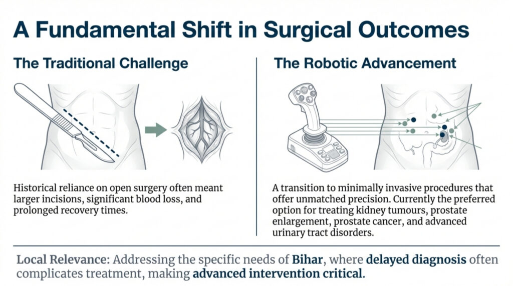 Robotic surgery has transformed the field of modern urology by making complex procedures safer, more precise, and significantly less invasive. In recent years, robotic urology has become a preferred option for treating kidney tumors, prostate enlargement, prostate cancer, and other advanced urinary tract disorders. In Bihar, where urological diseases are often diagnosed late due to limited awareness and access, advanced robotic care is becoming increasingly important. Specialists like Dr. Zaheen Khan, Urologist and Robotic Surgeon, are bringing world-class robotic urology techniques to patients in Purnia and surrounding districts. Robotic urology offers multiple benefits over traditional open surgery, especially for kidney and prostate diseases.