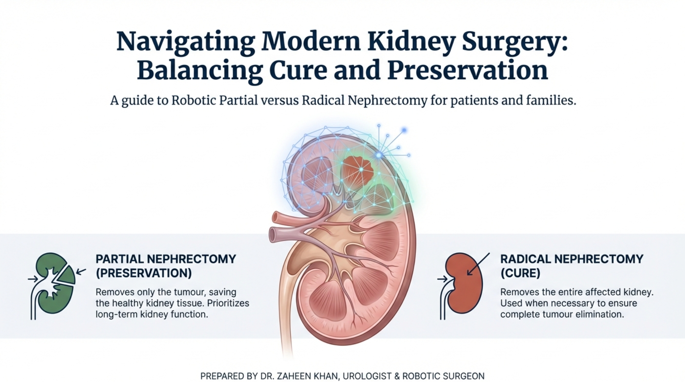 Robotic partial nephrectomy and radical nephrectomy are both important kidney cancer surgeries. The key difference is: Partial nephrectomy saves the kidney Radical nephrectomy removes the kidney when necessary Modern robotic surgery has made kidney-sparing treatment safer, more precise, and widely preferred for many patients with early kidney tumors. The best approach depends on careful imaging, expert surgical judgment, and individualized patient care.
