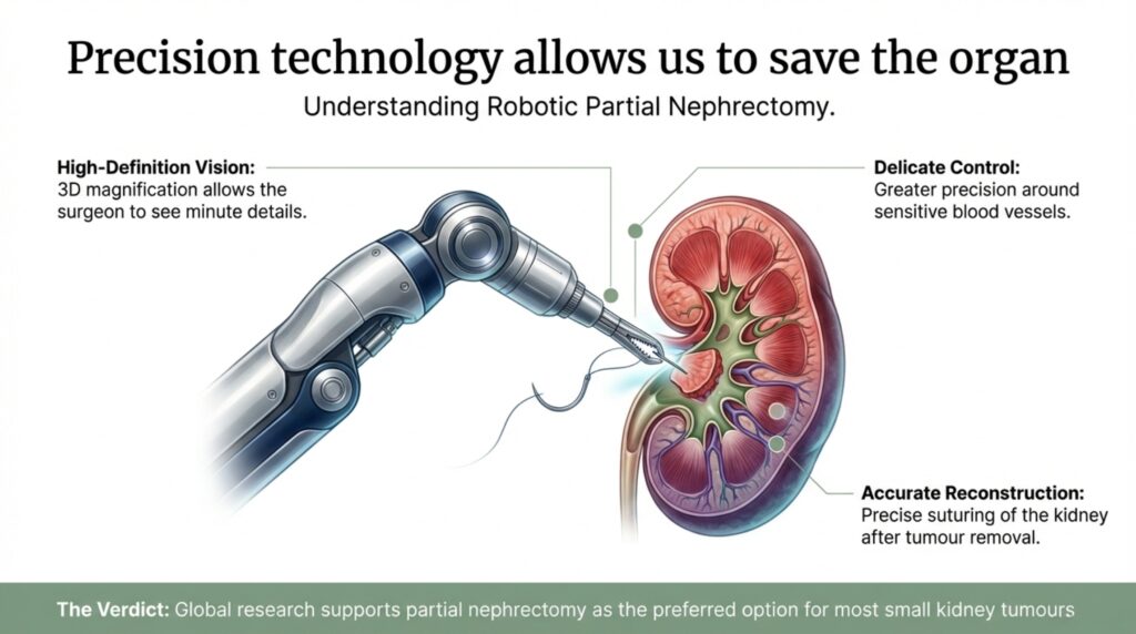 Robotic partial nephrectomy and radical nephrectomy are both important kidney cancer surgeries. The key difference is: Partial nephrectomy saves the kidney Radical nephrectomy removes the kidney when necessary Modern robotic surgery has made kidney-sparing treatment safer, more precise, and widely preferred for many patients with early kidney tumors. The best approach depends on careful imaging, expert surgical judgment, and individualized patient care.