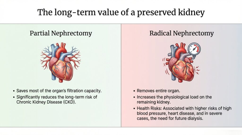 Robotic partial nephrectomy and radical nephrectomy are both important kidney cancer surgeries. The key difference is: Partial nephrectomy saves the kidney Radical nephrectomy removes the kidney when necessary Modern robotic surgery has made kidney-sparing treatment safer, more precise, and widely preferred for many patients with early kidney tumors. The best approach depends on careful imaging, expert surgical judgment, and individualized patient care.