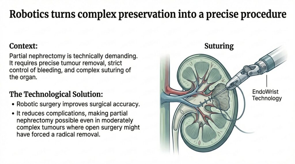 Robotic partial nephrectomy and radical nephrectomy are both important kidney cancer surgeries. The key difference is: Partial nephrectomy saves the kidney Radical nephrectomy removes the kidney when necessary Modern robotic surgery has made kidney-sparing treatment safer, more precise, and widely preferred for many patients with early kidney tumors. The best approach depends on careful imaging, expert surgical judgment, and individualized patient care.