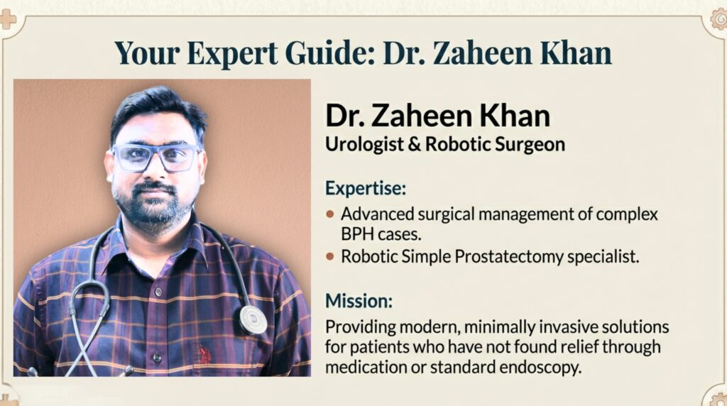 Robotic simple prostatectomy is an advanced surgical treatment for severe enlarged prostate (BPH). Dr Zaheen Khan, experienced Urologist and Robotic surgeon in Purnea, Bihar.