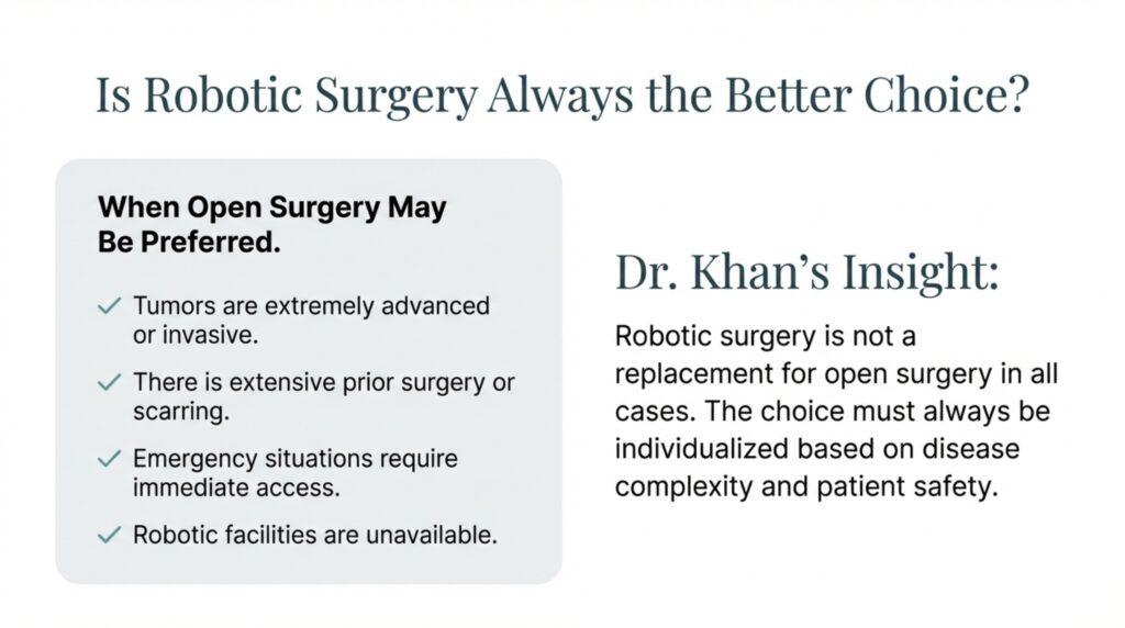 Urology has seen a major transformation over the last two decades. Procedures that once required large incisions and long hospital stays are now increasingly performed using minimally invasive and robotic techniques. One of the most common questions patients ask today is: Robotic surgery or open surgery – which is better? According to Dr. Zaheen Khan, Urologist & Robotic Surgeon, the answer depends on the disease, patient condition, and surgical expertise, but in many modern urological conditions, robotic surgery offers clear advantages for patients.