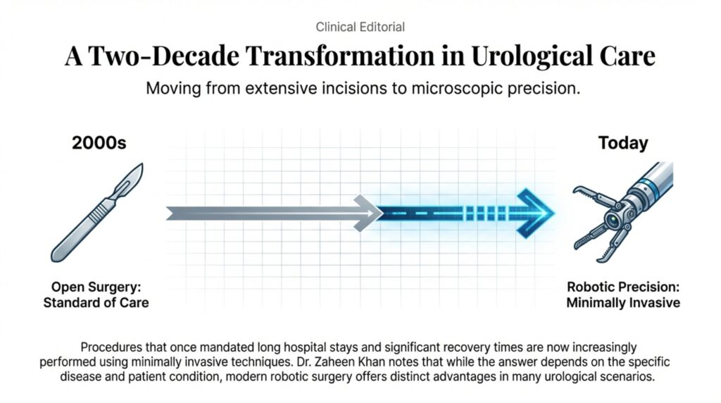 Urology has seen a major transformation over the last two decades. Procedures that once required large incisions and long hospital stays are now increasingly performed using minimally invasive and robotic techniques. One of the most common questions patients ask today is: Robotic surgery or open surgery – which is better? According to Dr. Zaheen Khan, Urologist & Robotic Surgeon, the answer depends on the disease, patient condition, and surgical expertise, but in many modern urological conditions, robotic surgery offers clear advantages for patients.