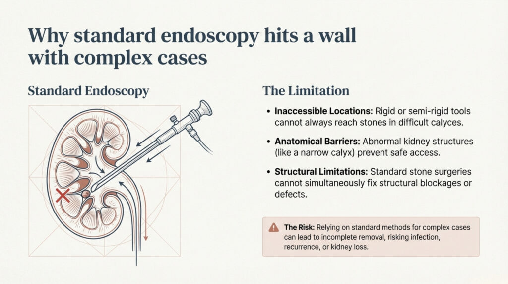 Kidney stones are one of the most common urological problems in India. While many stones can be treated with medicines, laser procedures, or PCNL, some patients develop complex kidney stones that cannot be safely removed using routine methods. Large stones, recurrent stones, anatomical abnormalities, or previously failed surgeries make treatment challenging. In such situations, modern technology plays a crucial role. According to Dr. Zaheen Khan, Urologist & Robotic Surgeon, robotic assistance has become an advanced option for selected difficult kidney stone cases, helping remove stones completely while preserving kidney function.